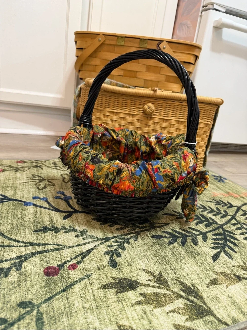 Vintage Autumn Fabric Lined Black Wicker Basket Colorful Autumn Primitives